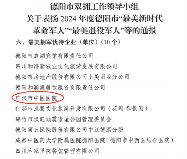 我院被授予德阳市“最美拥军优待单位”称号！